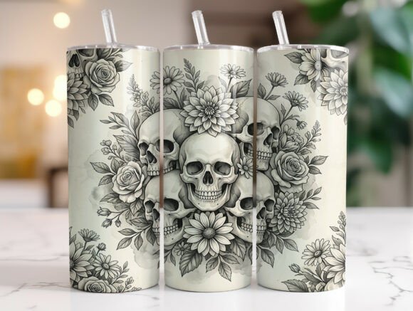Black and White Skull Flower Tumbler PNG