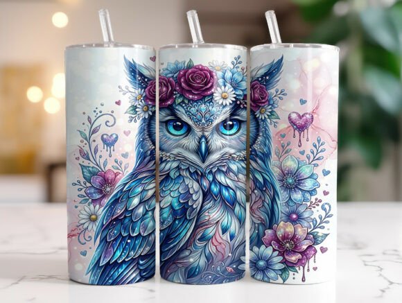 Blue Floral Owl 20oz Tumbler Wrap PNG