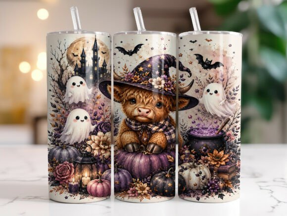 Cute Ghost Highland Cow 20oz Tumbler PNG