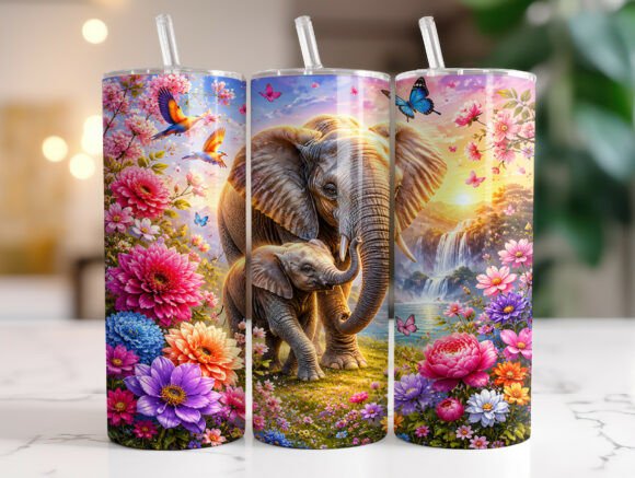 Elephant Mom Baby Floral Tumbler Wraps