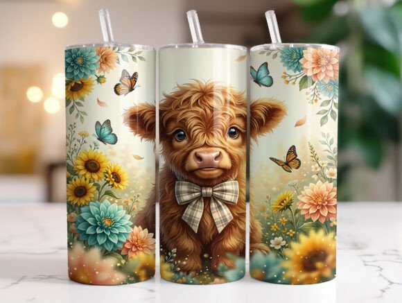 Highland Cow Floral Bow Tumbler Wrap