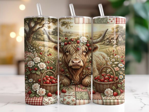 Highland Cow Strawberry Tumbler Wrap PNG