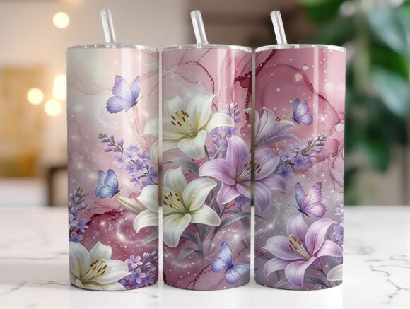 Pastel Lilies and Butterflies Tumbler
