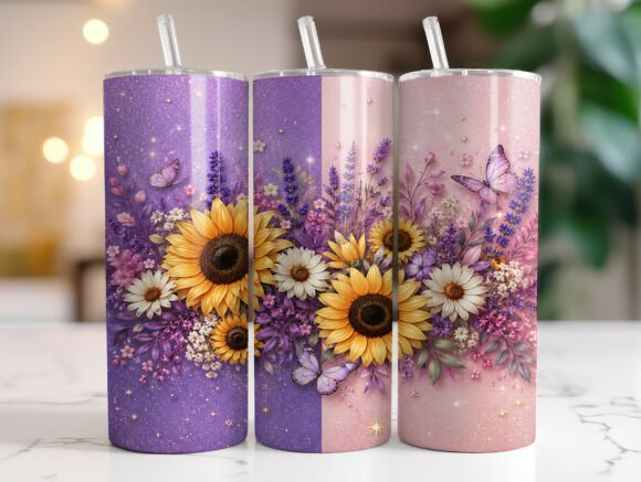 Pink Purple Sunflower Floral Tumbler PNG