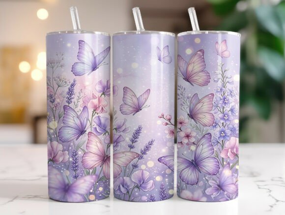 Purple Floral Butterfly 20oz Tumbler PNG