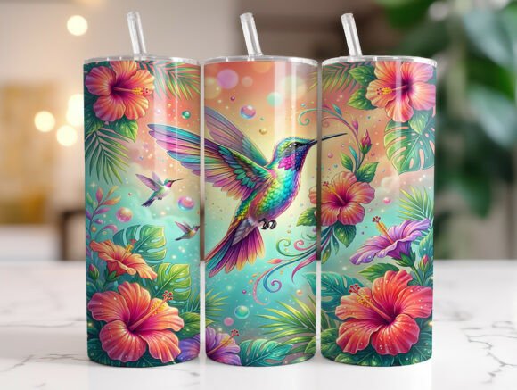 Teal Hibiscus Hummingbird Skinny Tumbler