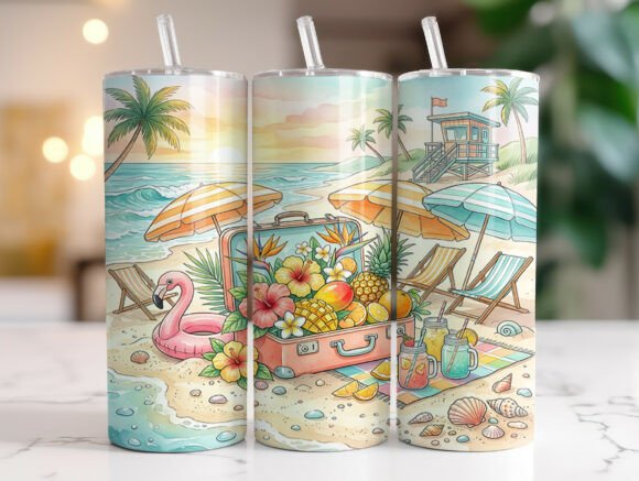 Tropical Summer Beach Tumbler Wrap PNG